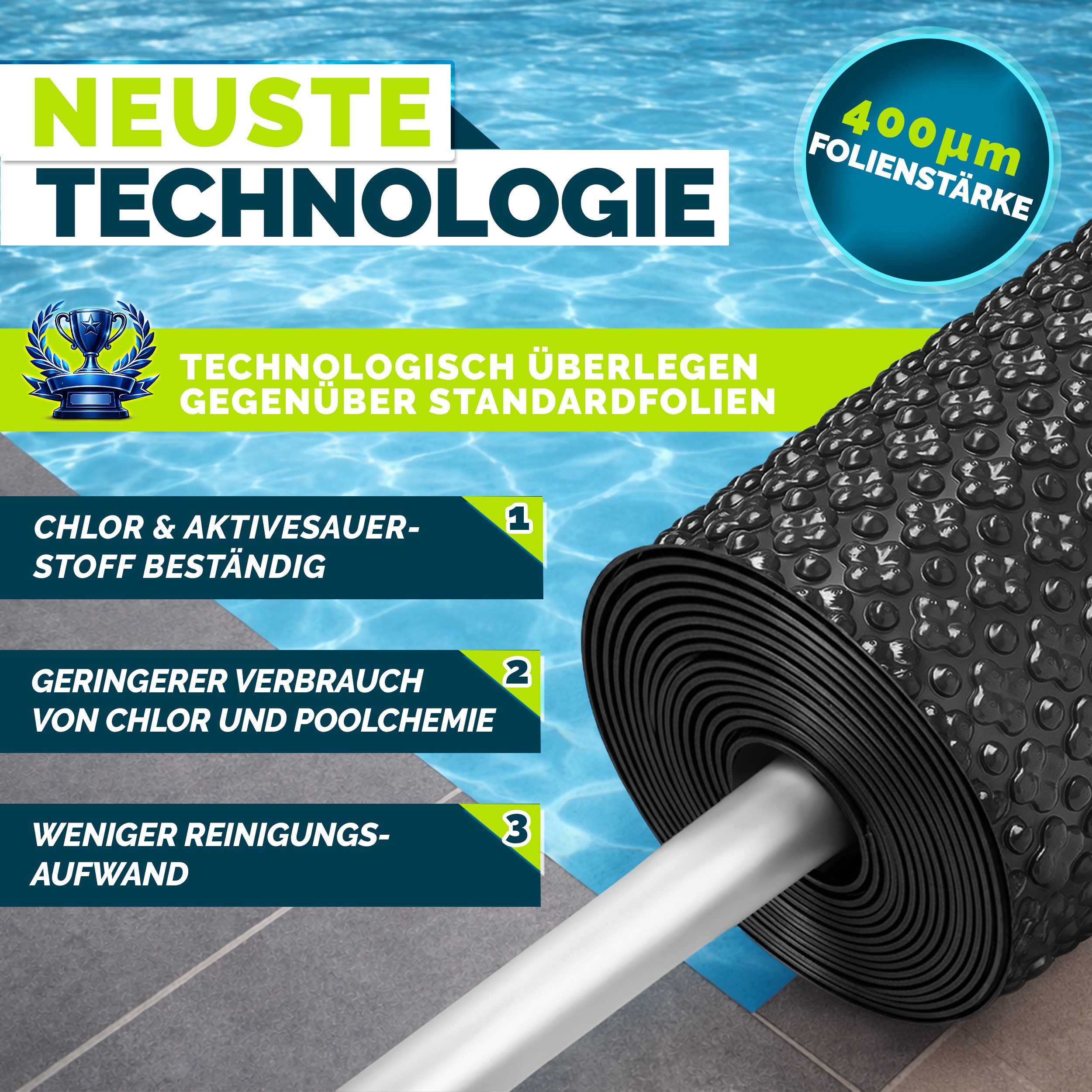tillvex Pool-Abdeckplane tillvex® ProHeat QB4 Pool Solarfolie 400 my Solarplane Solarheizung (Solarplane ProHeat QB4 Wärmeplane Solarabdeckplane, zuschneidbar Solarabdeckung Poolheizung für Wassererwärmung), Elite Pool Solarfolie 400 µm Rund &Rechteckig Premium