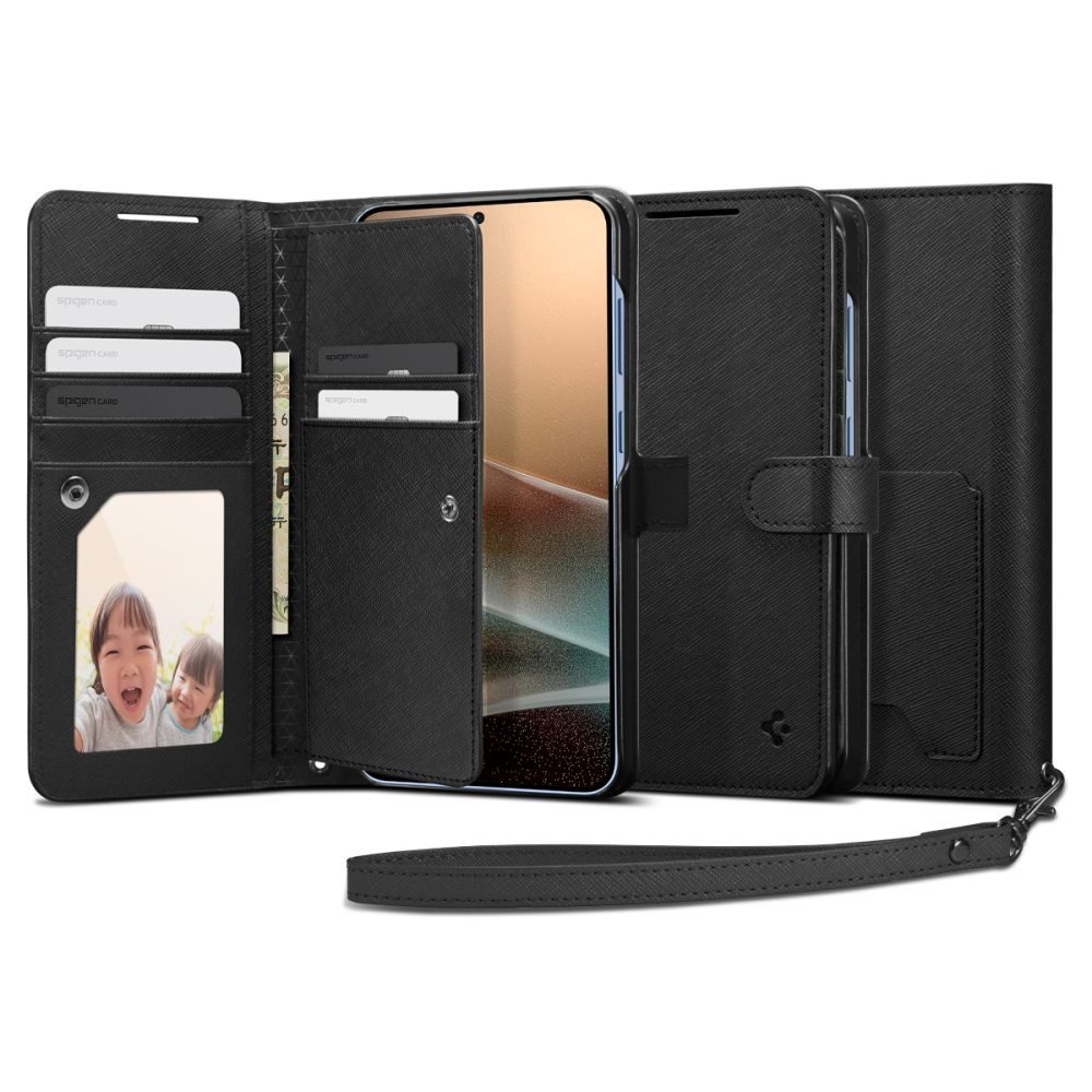 Spigen Handytasche Klapphülle Kartenfachtasche Schutzetui (Spar-Set, 1-tlg), Kartenfächer, Magnetverschluss, Handschlaufe, PU-Leder