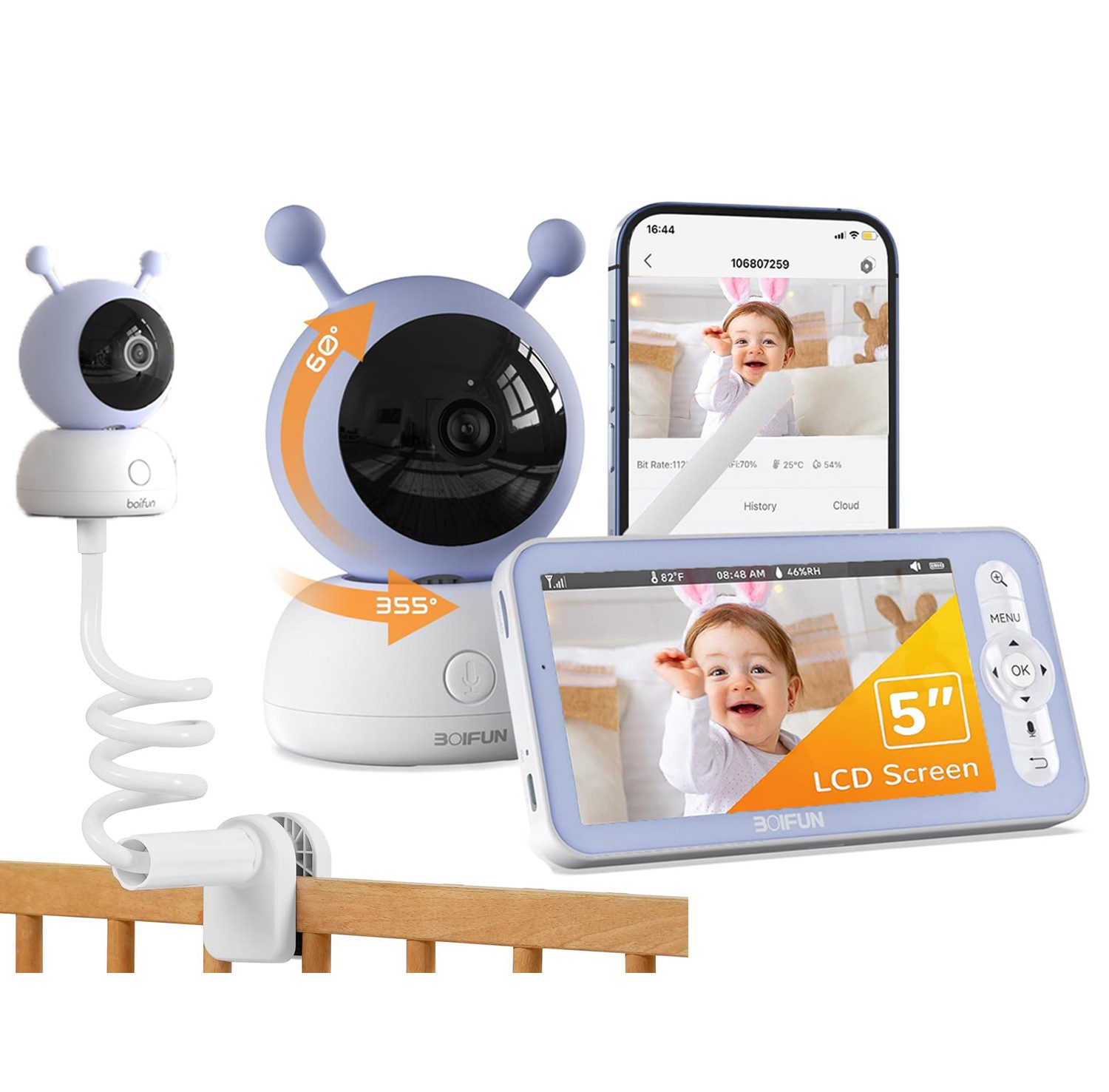 Video-Babyphone 1080P/5 Zoll Babyphone mit Kamera und APP WLAN Video Babyfon