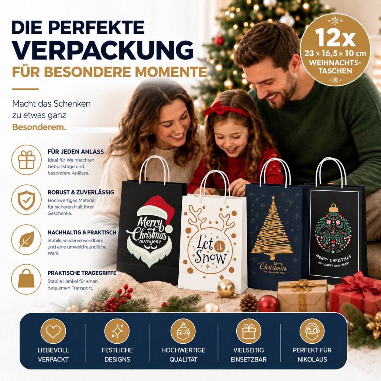 TK Gruppe Aufbewahrungsbox 12 Weihnachts-Geschenktüten aus Papier, 17 × 23 cm, 4 Motive (Packung, 12x Weihnachtstaschen), Mit Geschenkanhänger – Bild 2 von 5