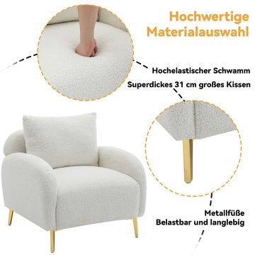 Merax Sessel mit goldenen Metallbeine und Rückenkissen, Loungesessel Teddystoff, Einzel Loungesofa, Relaxsessel