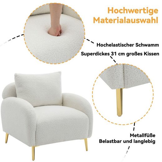 MERAX Sessel mit goldenen Metallbeine und Rückenkissen, Loungesessel Teddystoff, Einzel Loungesofa, Relaxsessel Weiß