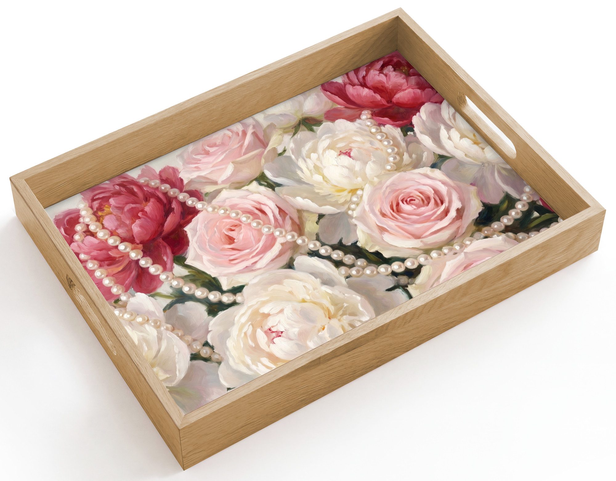 OnlyWow Tablett Rechteckig mit Henkel Blumen – Perlen – Romantik – Klassik – Rosa, Eichenholz, (1-tlg), Siervierplatte, Tray, Frühstücksbrett