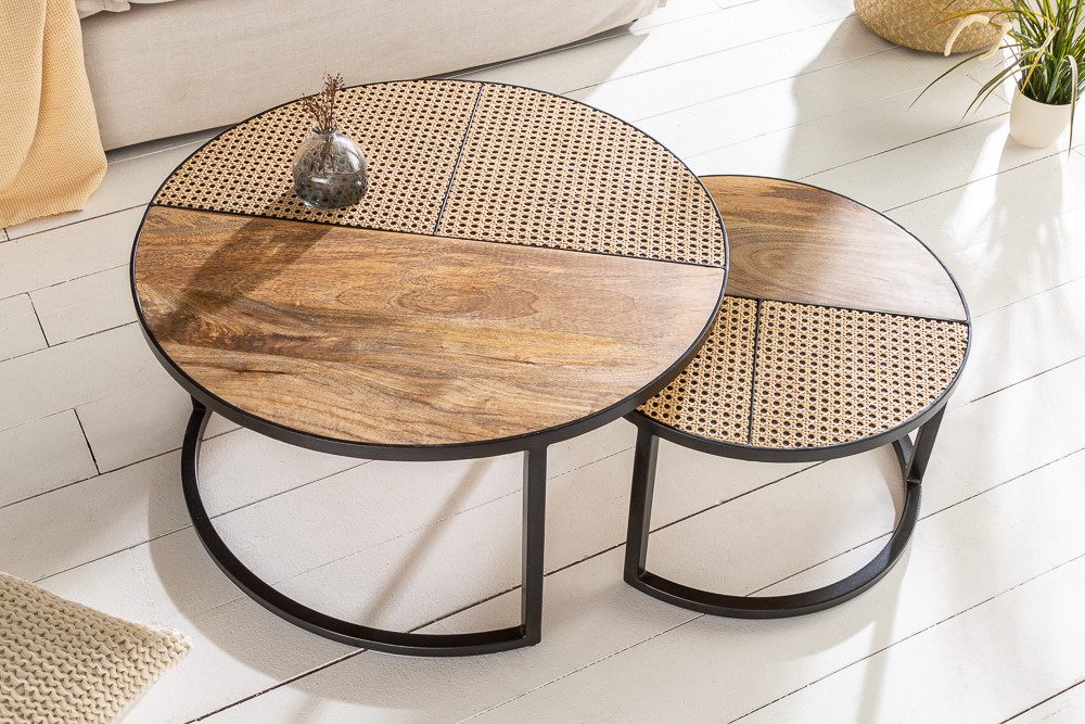 riess-ambiente Couchtisch VIENNA LOUNGE Ø70cm natur / schwarz (Set, 2-St., 2x Couchtisch), Wohnzimmer · Massivholz · Metall · rund · Rattan · Wiener Geflecht