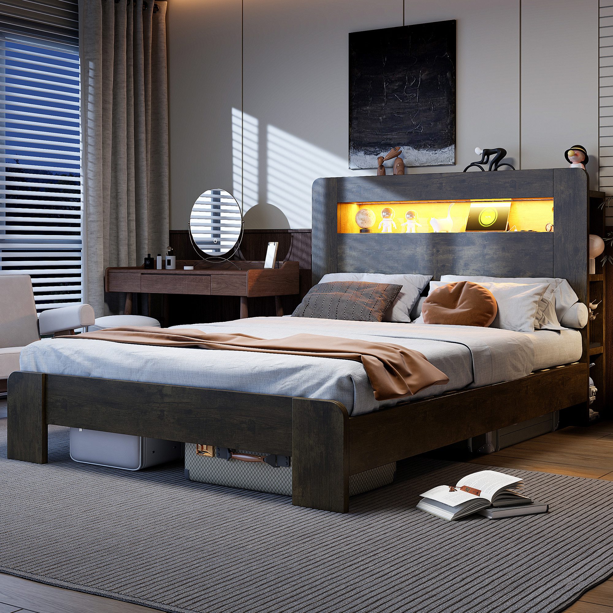 OKWISH Funktionsbett Holzbett Stauraumbett (mit LED-Beleuchtung, integrierten Steckdosen und Stauraum im Kopfteil), ohne Matratze