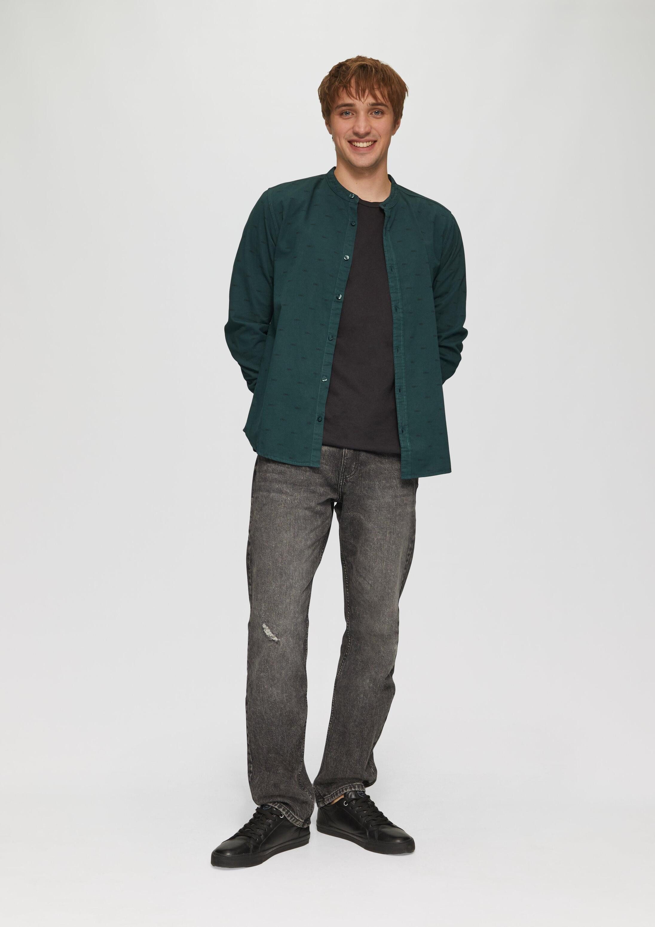 QS Langarmhemd Hemd Slim Fit: Gewaschenes Hemd mit All-over-Print