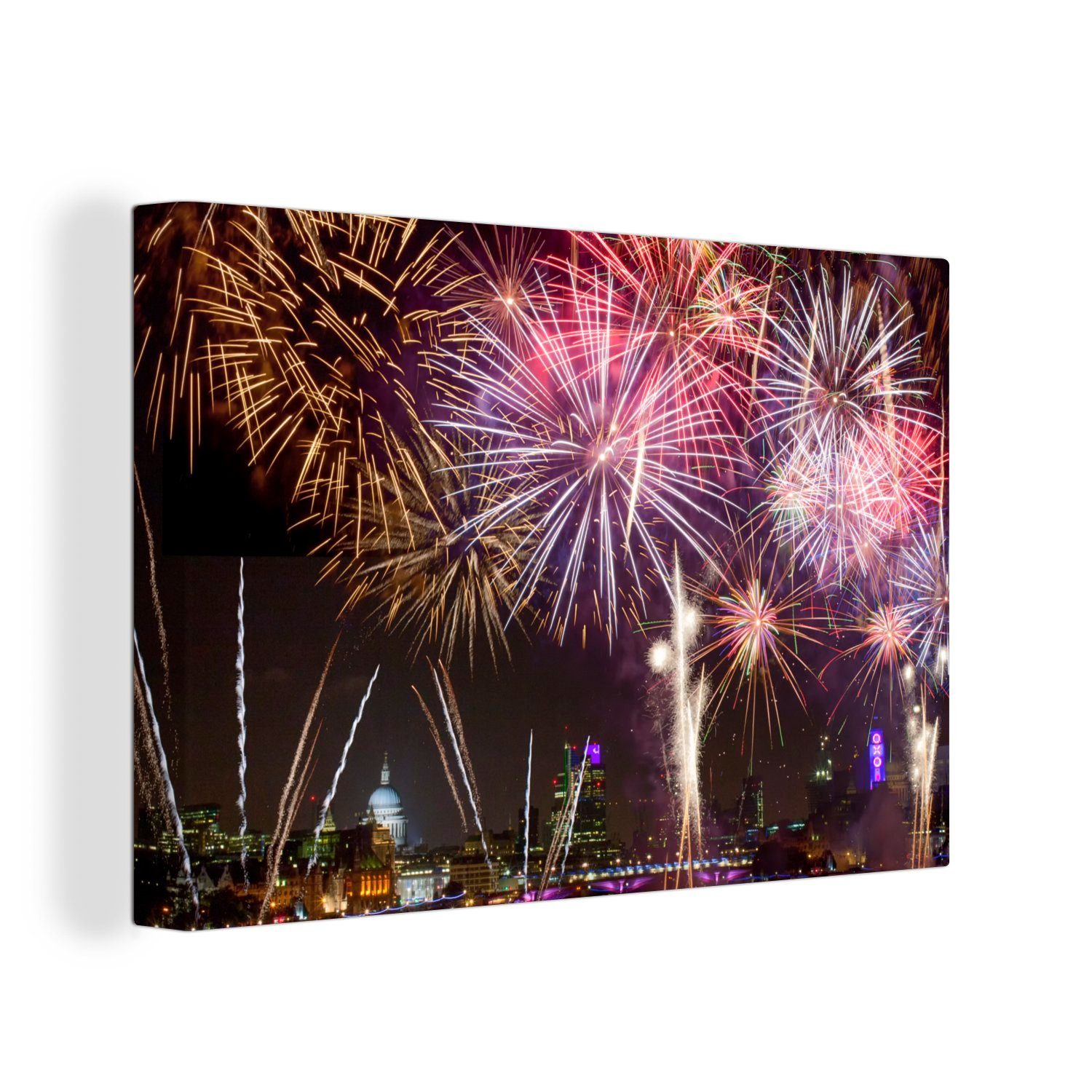 OneMillionCanvasses® Leinwandbild Feuerwerk in London zu Silvester, (1 St), Wandbild Leinwandbilder, Aufhängefertig, Wanddeko, 30x20 cm