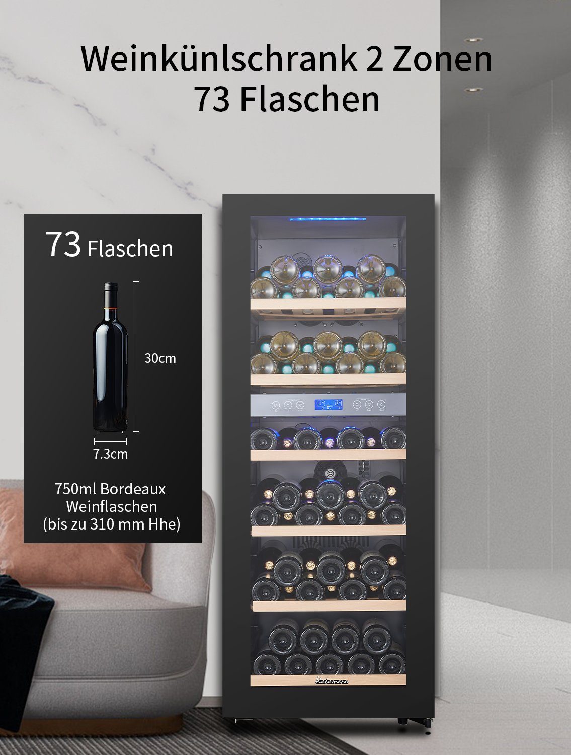 kalamera Weinkühlschrank KRC-200BFG, für 73 Standardflaschen Zonen 0,75l,2 á