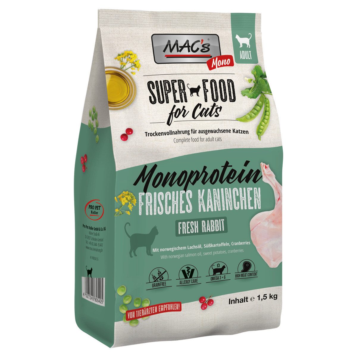 MAC'S Adult Monoprotein frisches Kaninchen 1,5 kg, Trockenfutter für: Katze