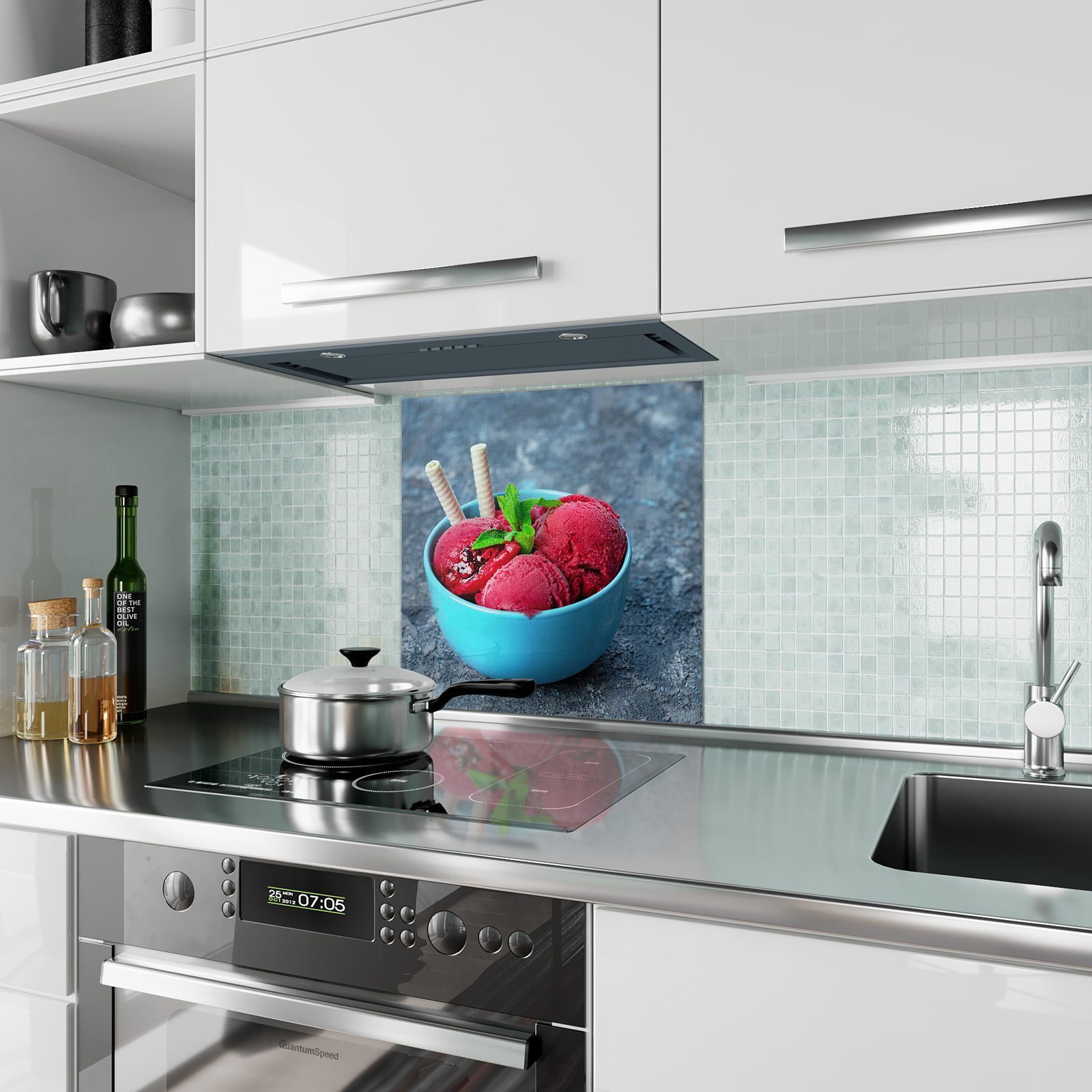 Primedeco Küchenrückwand Küchenrückwand Spritzschutz Motiv Schale in mit Himbeer Glas Eis