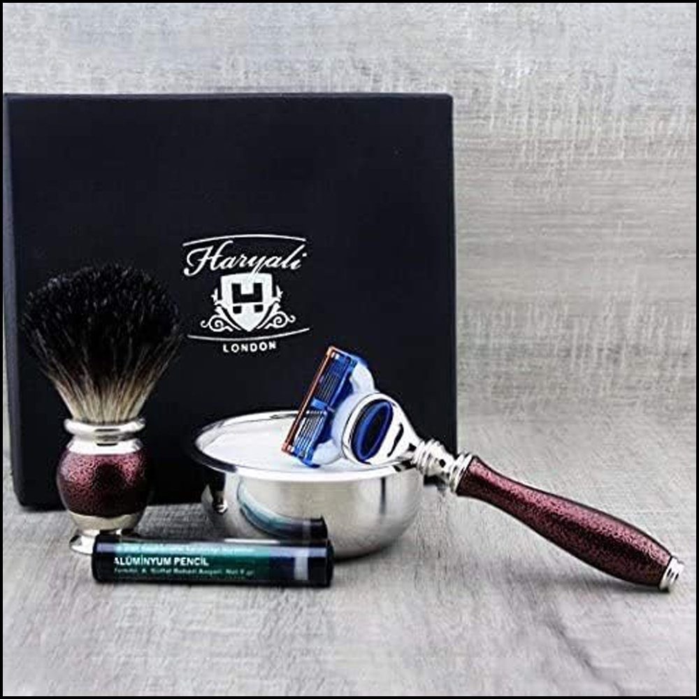 Haryali London Rasierpinsel-Set Vintage 4-teiliges Rasierset Rasierpinsel, Gillette Fusion Rasierer, Set, 4 tlg., Rasierset mit zusätzlichem Rasierzubehör für eine klassische Rasur., beste Erfahrung beim manuellen Speichern