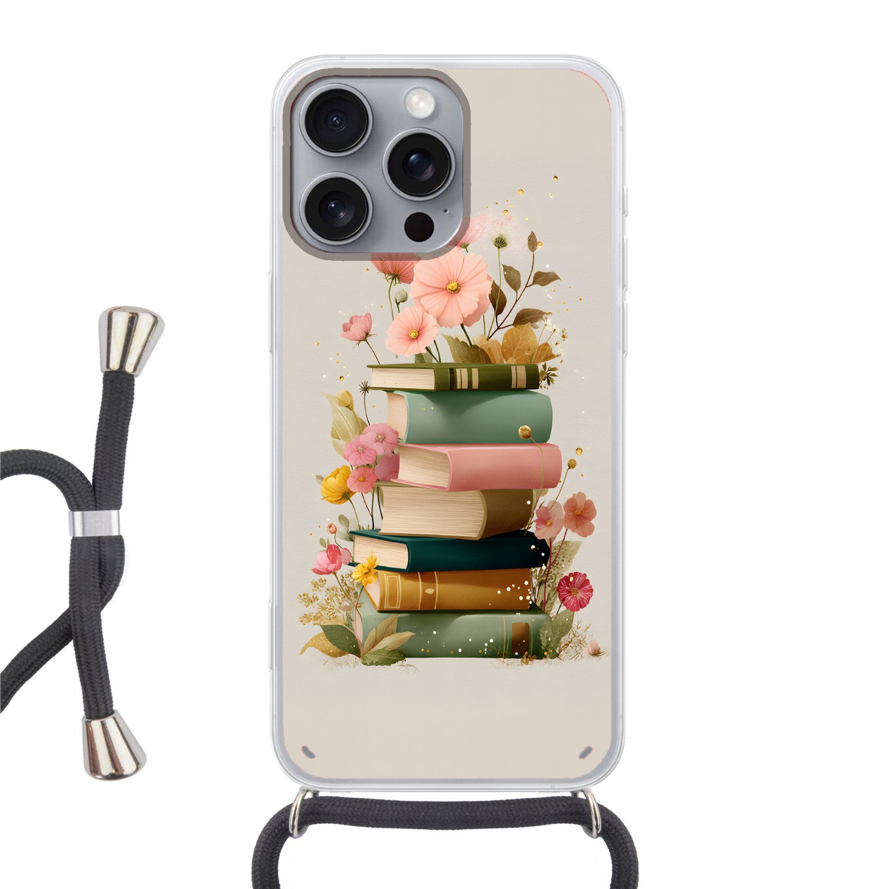 MuchoWow Handyhülle für Apple iPhone 16 Pro Max Bücher - Stapel - Blumen - Farbenfroh, Tragbare Handyhüllen mit Kette zum umhängen, Handykette Handyband