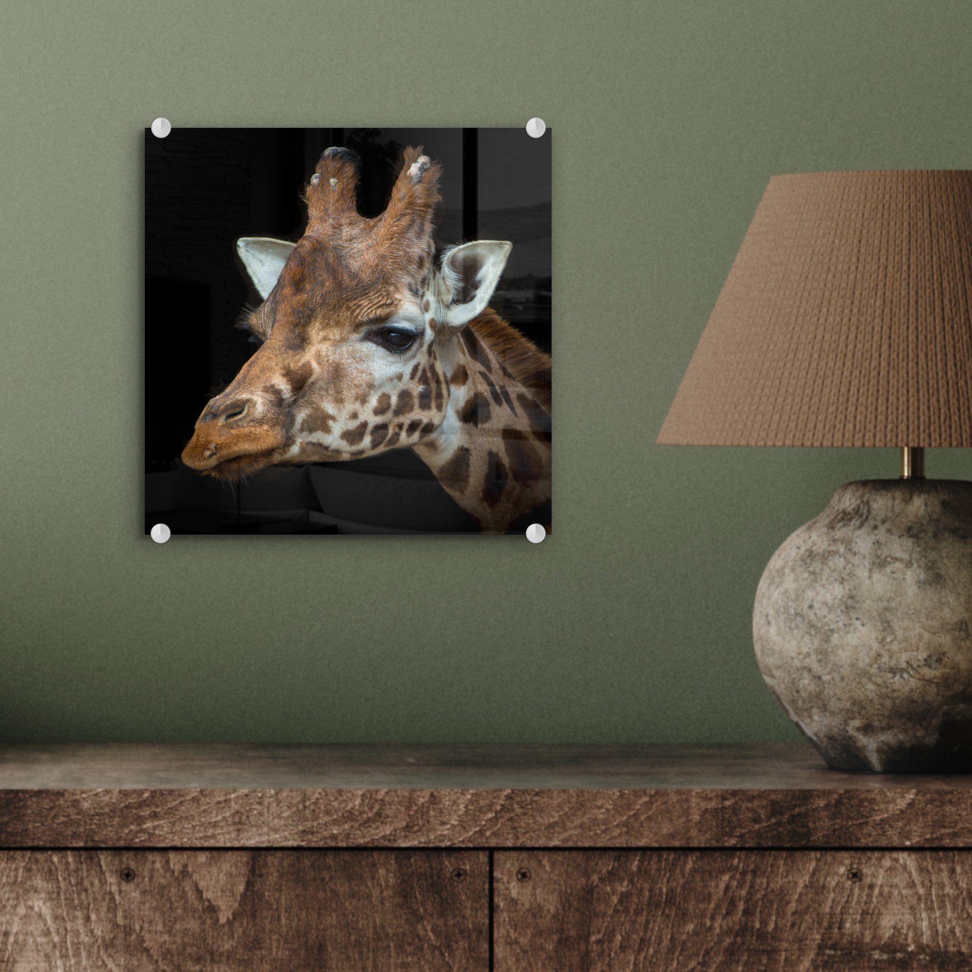 - - Glasbilder Wanddekoration Bilder einer Porträt Wandbild MuchoWow Giraffe Glas schwarzem Foto auf St), - (1 auf Glas auf Acrylglasbild Hintergrund,