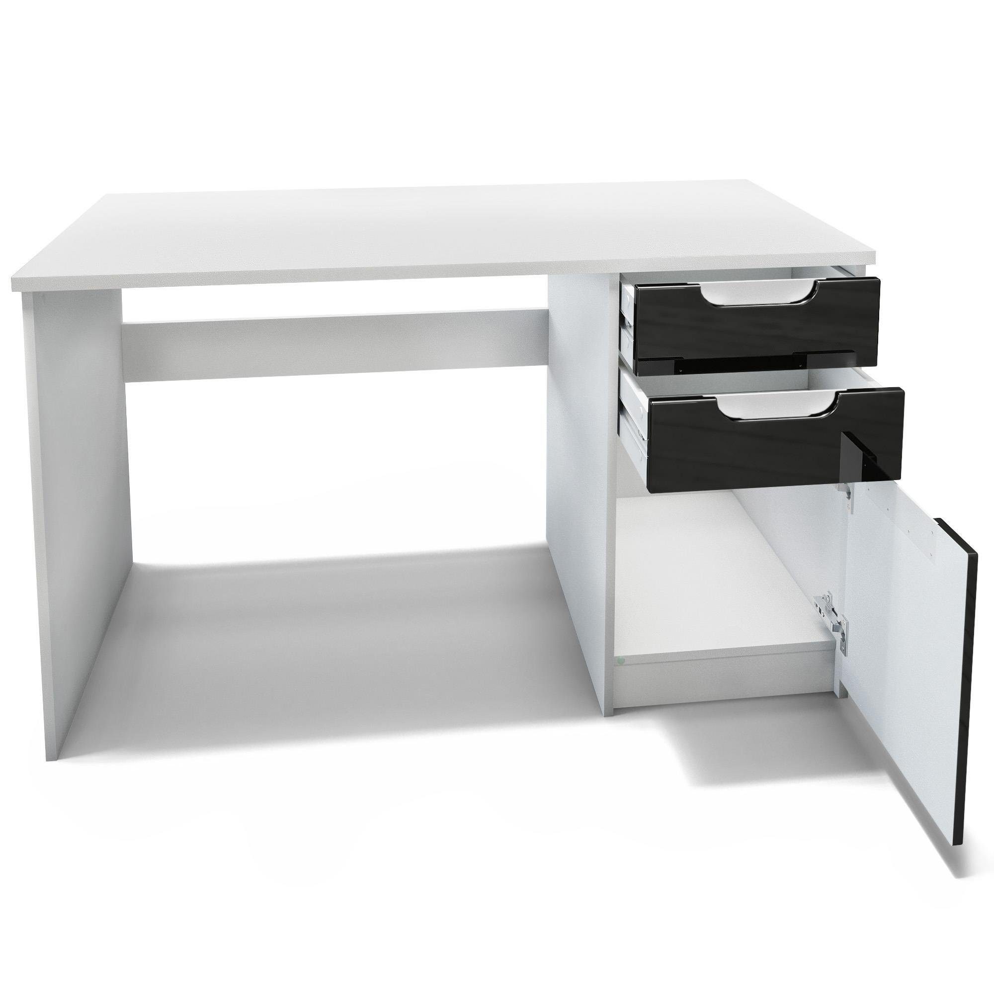 in Weiß 60 und cm) Logan (Bürotisch, 1 Hochglanz Fronten Vladon 2 Hochglanz Schubladen x matt/Weiß mit Schreibtisch x (129 Tür), 76 Weiß