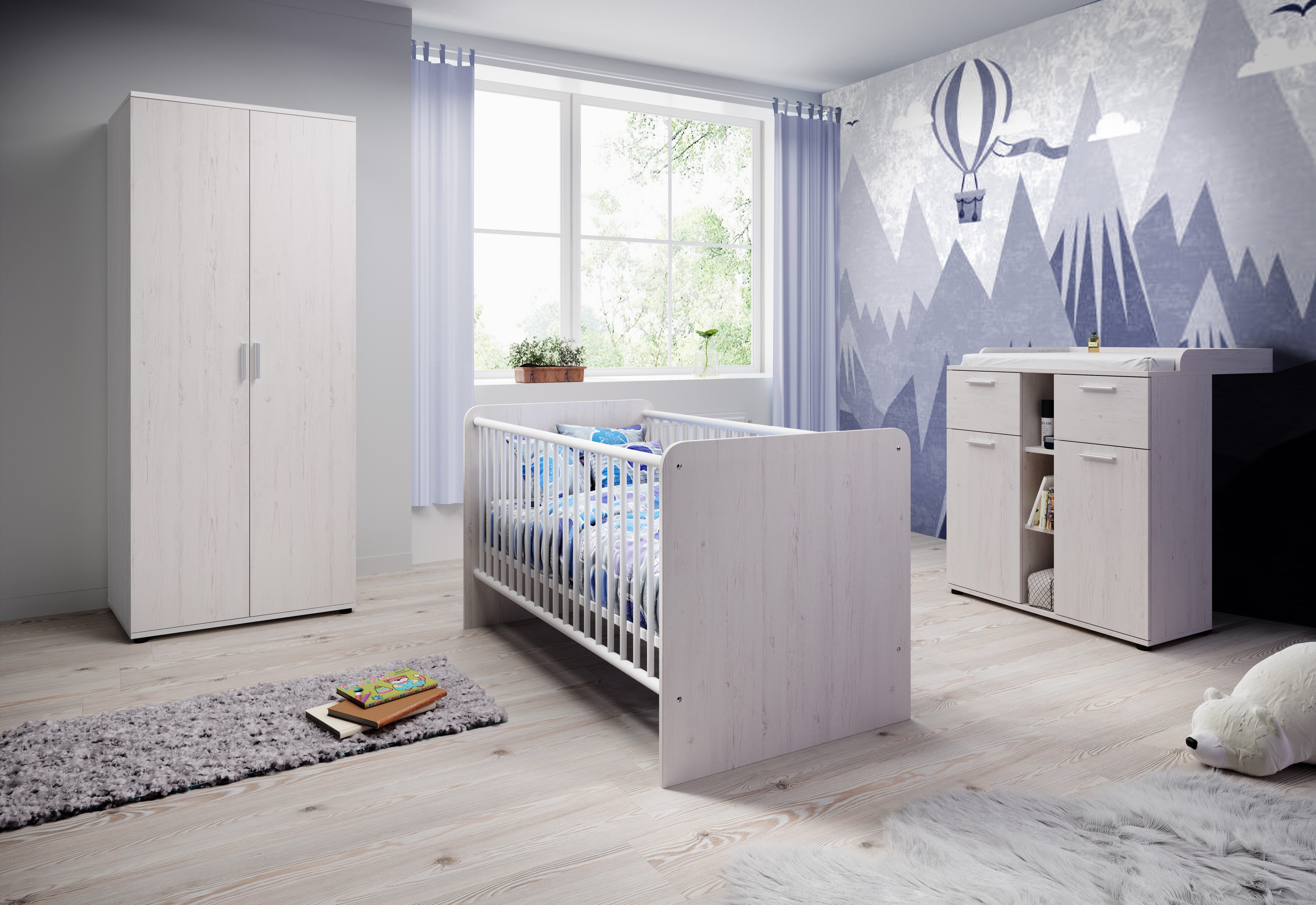 möbel-direkt.de Babyzimmer-Komplettset Bobi, (Komplett Set, 4-tlg., Schrank, Bett, Wickelkommode, Umbauseiten), mit höhenverstellbarem Lattenrost