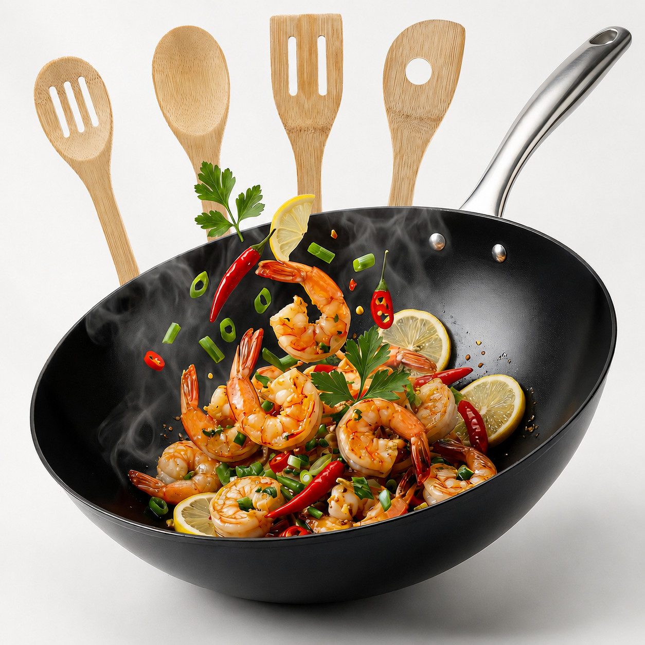 Cosy & Trendy Wok Fusion Pro Wokpfanne Ø 30 cm, Karbon-Stahl (Set, 5-tlg., 1x Wokpfanne Ø 30cm, 4x Bambusspatel), Keramikbeschichtung und Bambusspateln, für alle Herdarten