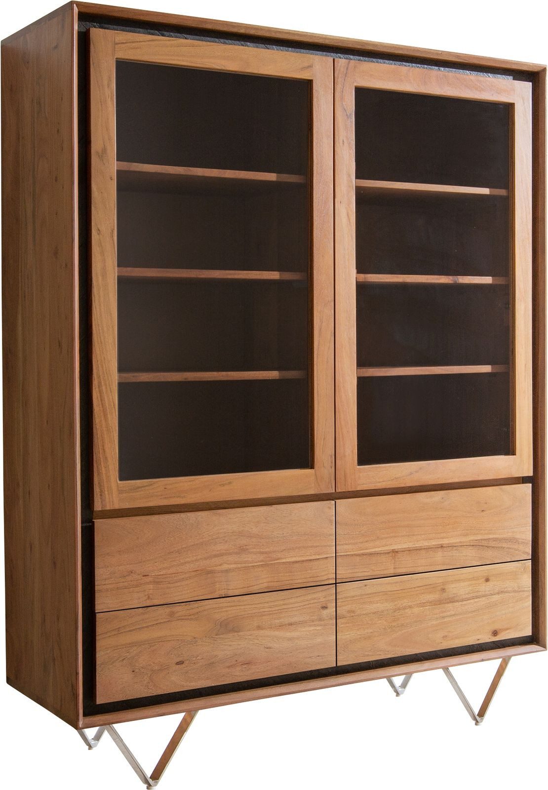 DELIFE Vitrine Stonegrace Akazie Natur 115x150 2 Türen 4 Schubladen Steinfurnier V-Fuß