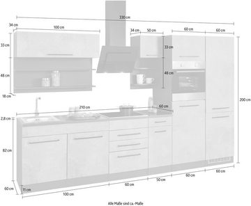 HELD MÖBEL Küchenzeile Tulsa, mit E-Geräten, Breite 330 cm, schwarze Metallgriffe, MDF Fronten