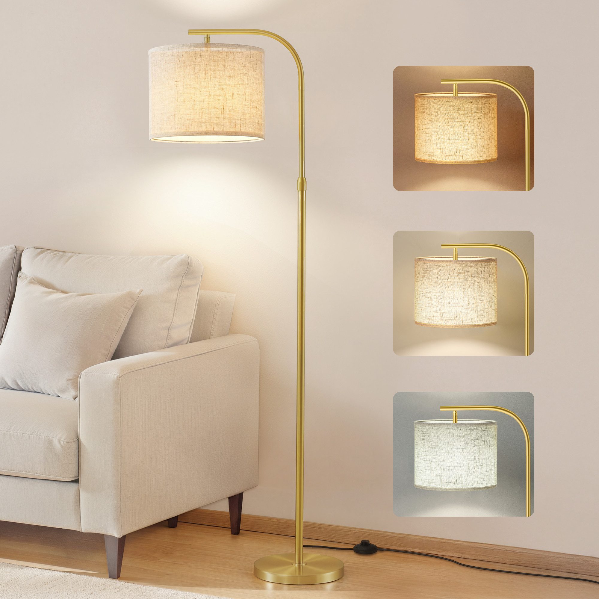 VASAGLE Stehlampe Stehleuchte, Bogenlampe, höhenverstellbare Leselampe, mit 3 Lichtfarben, 150-175 cm hoch, modern, mit Fußtaster, E27 Fassung