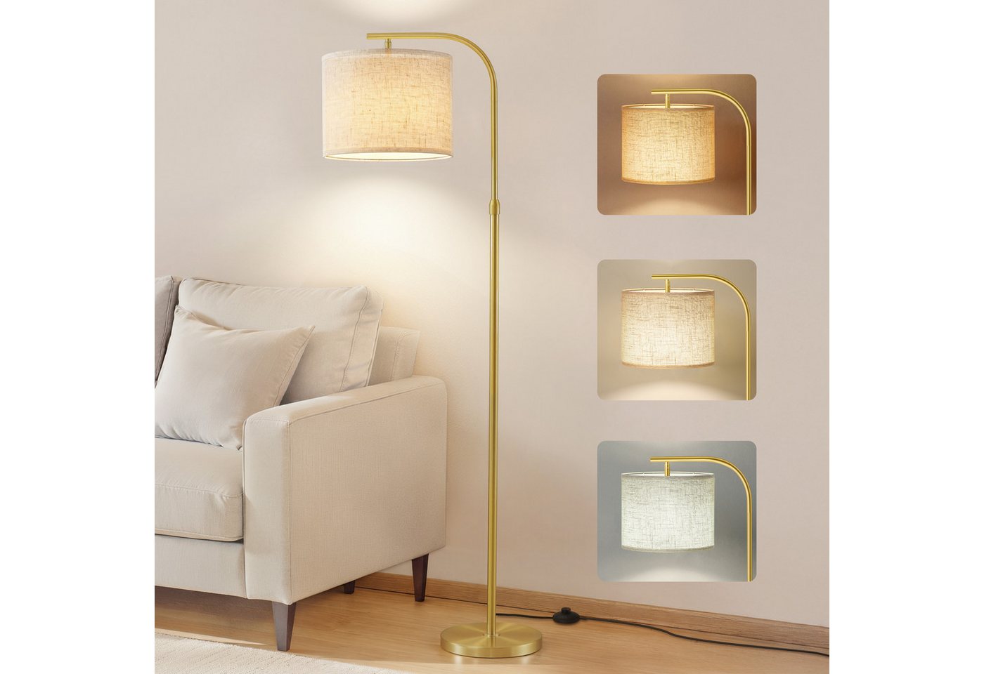 VASAGLE Stehlampe Stehleuchte, Bogenlampe, höhenverstellbare Leselampe, mit Fußtaster, mit 3 Lichtfarben, 150-175 cm hoch, modern, Lampenschirm aus Stoff, E27 Fassung