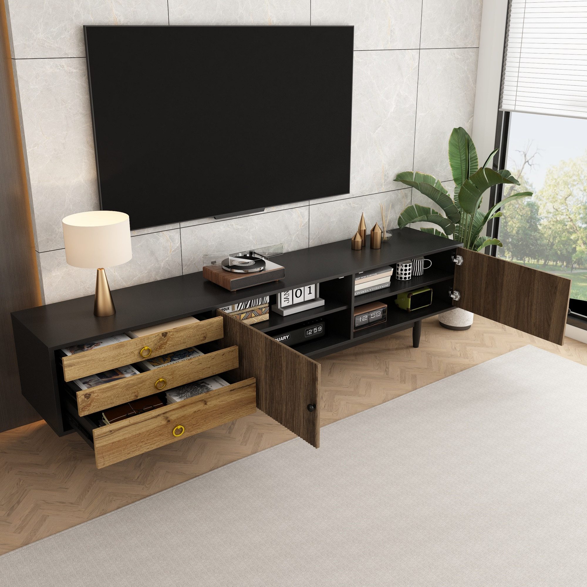 Yorbay TV-Schrank Vintage lowboard mit Wasserwellenmuster, 3 Schublade+2 Groß Klapptüren 180cm Breit Schrank für Fernsehn bis 65 Zoll, Schwarz+Holzfarbe