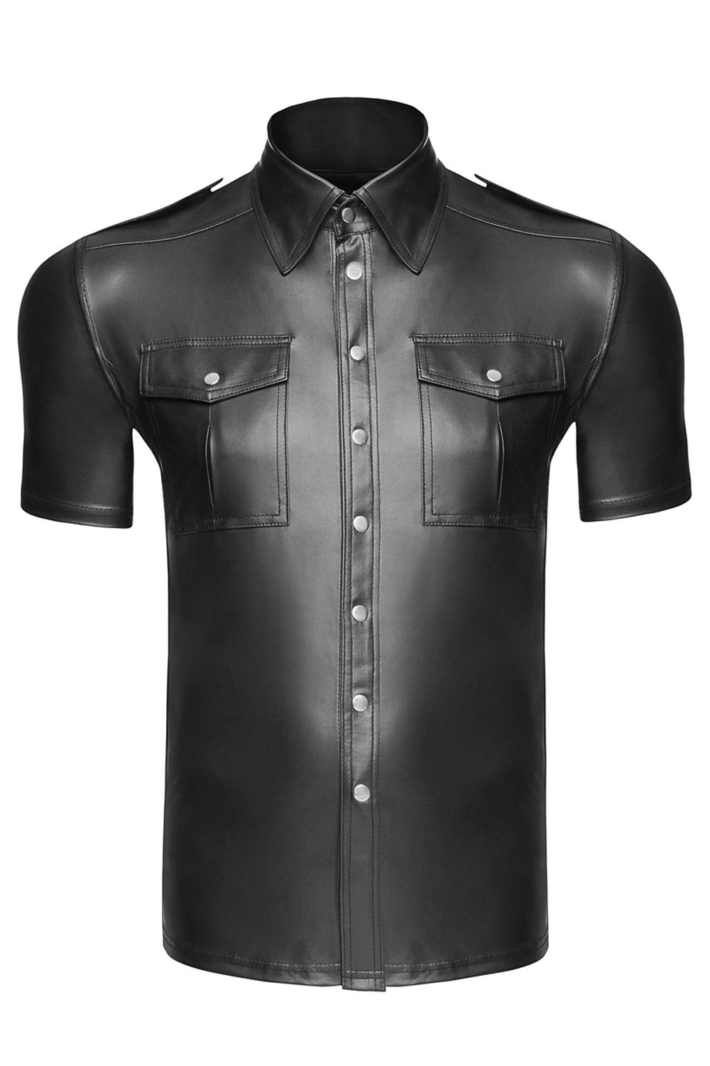 Noir Handmade Men Collection Kurzarmhemd Schwarzes Herren wetlook T-Shirt Hemd glänzend dehnbar mit Druckknöpfe