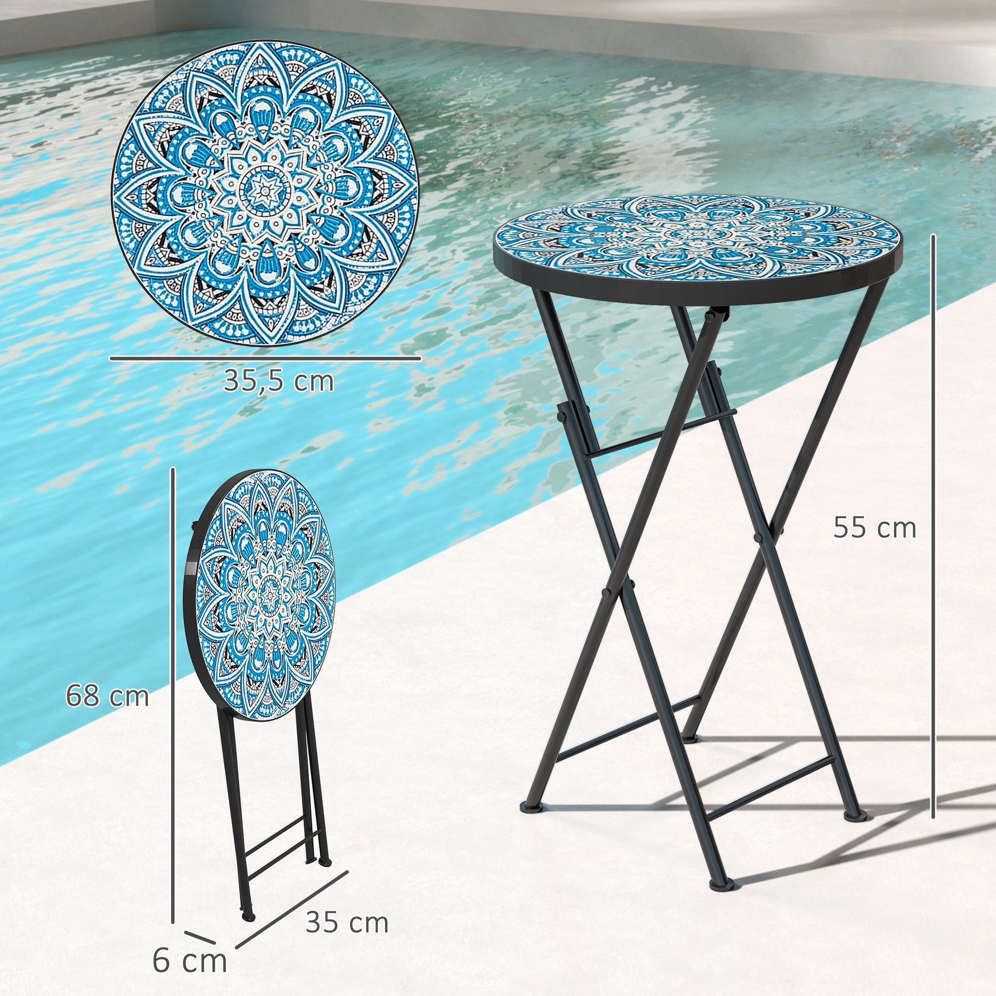 Outsunny Gartentisch mit Mosaik-Design, Ø35,5 x 55 cm, Rund, wetterfest, aus Metall (klappbar Balkontisch, 1-St., Beistelltisch), für Wohnzimmer, Büro, Outdoor, Indoor, Blau