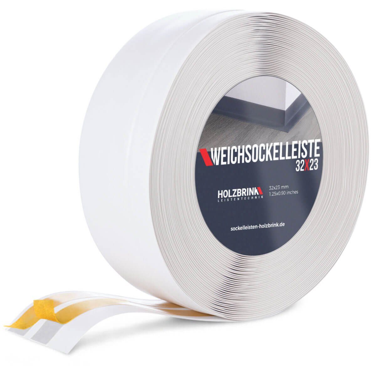HOLZBRINK Sockelleiste PVC Weichsockelleiste selbstklebend 32x23mm Weiß, 5m Rolle, Küchenabschlussleiste Arbeitsplatte, Fensterleiste, Fensterabdichtung