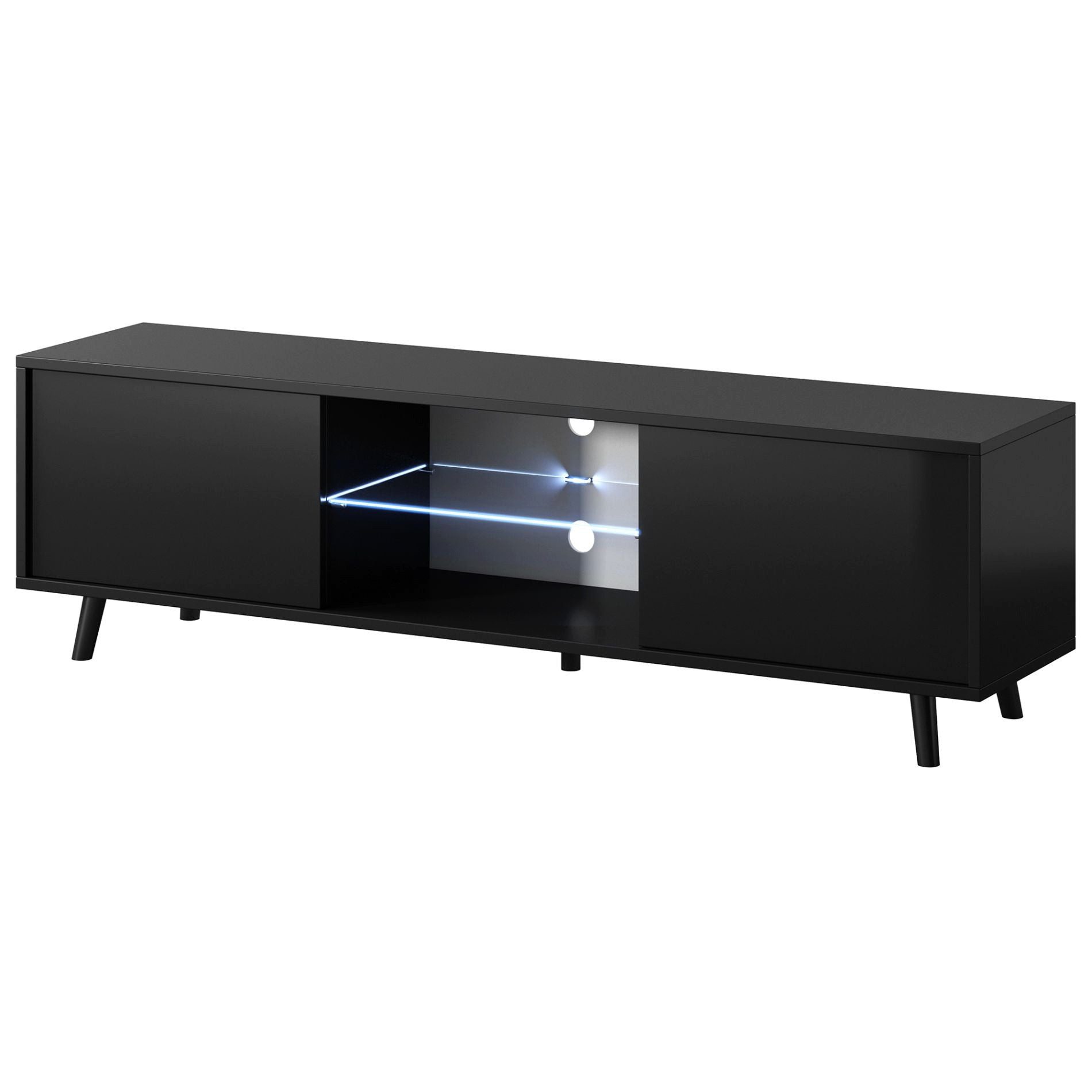 Selsey TV-Schrank LEFYR TV-Lowboard 140 cm, schwarz, mit LED-Beleuchtung und Glaseinlegeböden