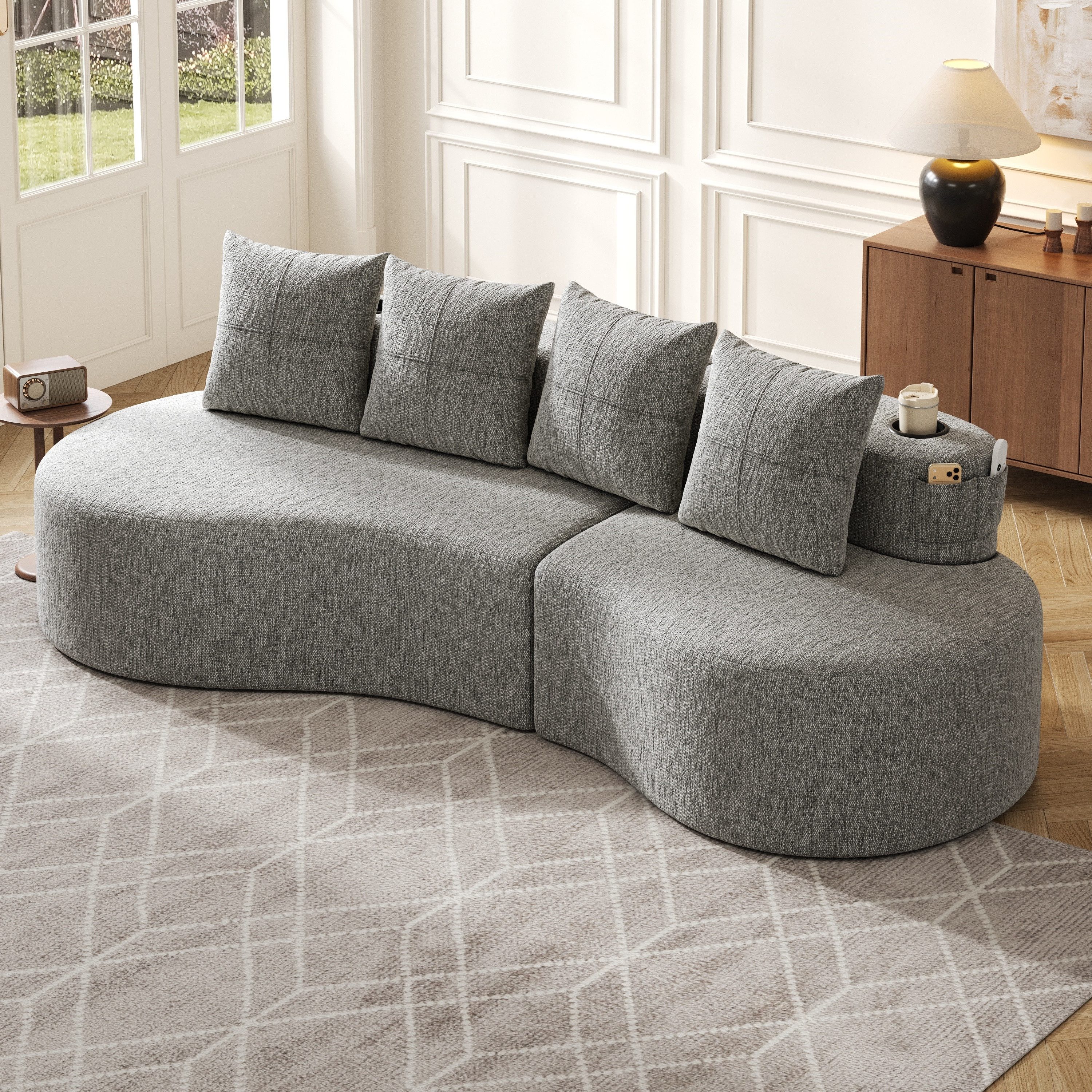 HAUSS SPOLE Loungesofa aus Leinenstoff,Chaiselongue mit vier Kissen,Polstermöbel in Hellgrau