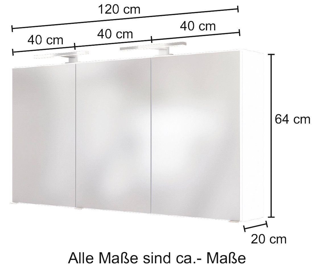 HELD MÖBEL cm, weiß | 120 Baabe Spiegelschrank graphit Spiegeltüren Breite 3 dank 3D-Effekt, mit