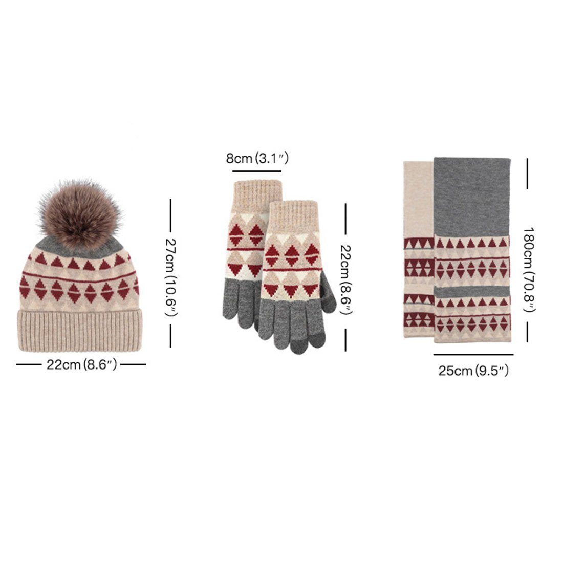 DÖRÖY Strickmütze Winter Warme Mütze St., 3 Handschuhe Warmes + Rot Schal Set Kälteschutz 
