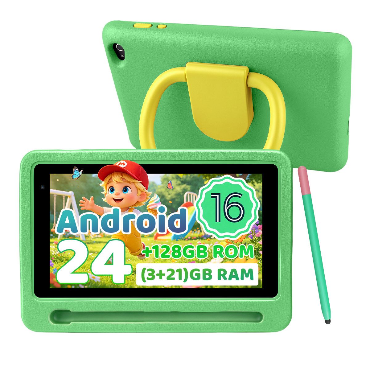 Happybe 7 Zoll, Android 16, 24(3+21)GB+128GB+1TB erweiterbar, WiFi 6, Kinder Tablet (7", 128 GB, Android)