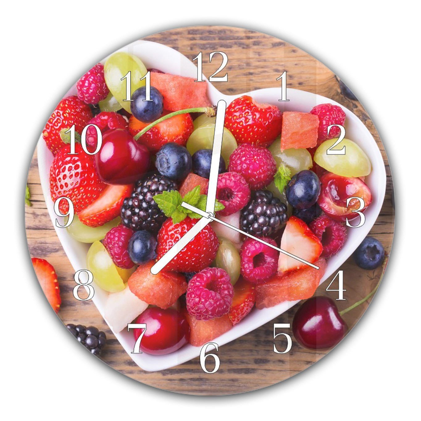 Primedeco Wanduhr Wanduhr aus Glas - mit und Motiv mit in Quarzuhrwerk Durchmesser Rund cm 30 Herzform Obstsalat