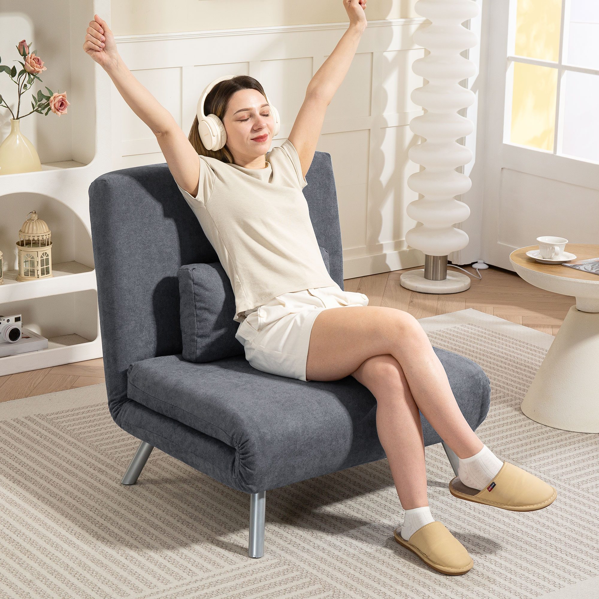 HOMCOM Schlafsofa klappbar Relaxsessel, Verstellbare Rückenlehne, abnehmbar Kissen, 3-in-1 Schlafsessel 1 Teile, bis 120 kg, für Wohnzimmer, Schlafzimmer Dunkelgrau