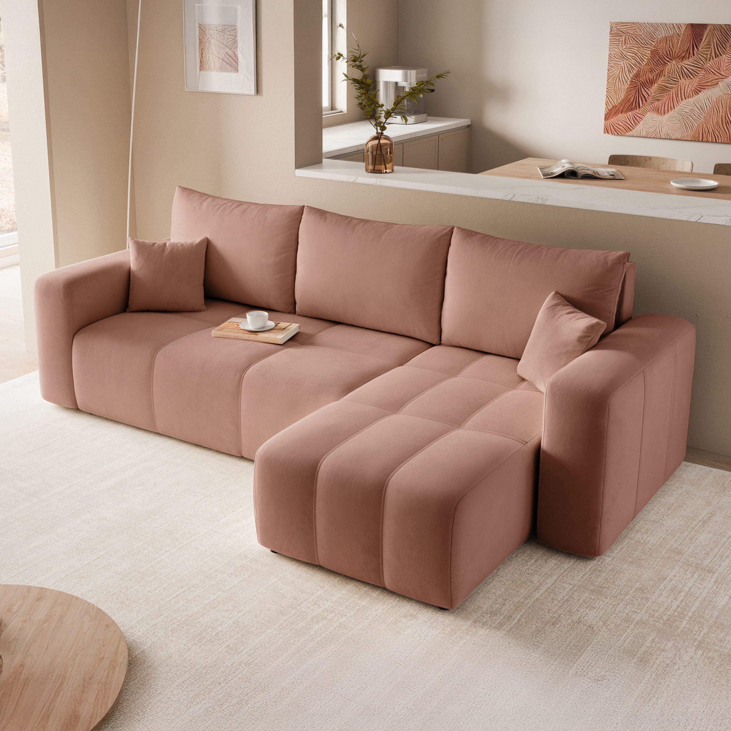 yourhouse24 Ecksofa PEDRO L – Samt-Optik, Schlaffunktion & Bettkasten, mit Schlaffunktion und Bettkasten, Seite universal