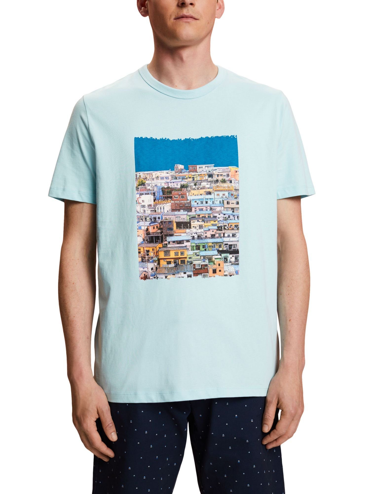 (1-tlg) TURQUOISE T-Shirt Baumwolle Jersey-T-Shirt, Bedrucktes 100 % LIGHT Esprit