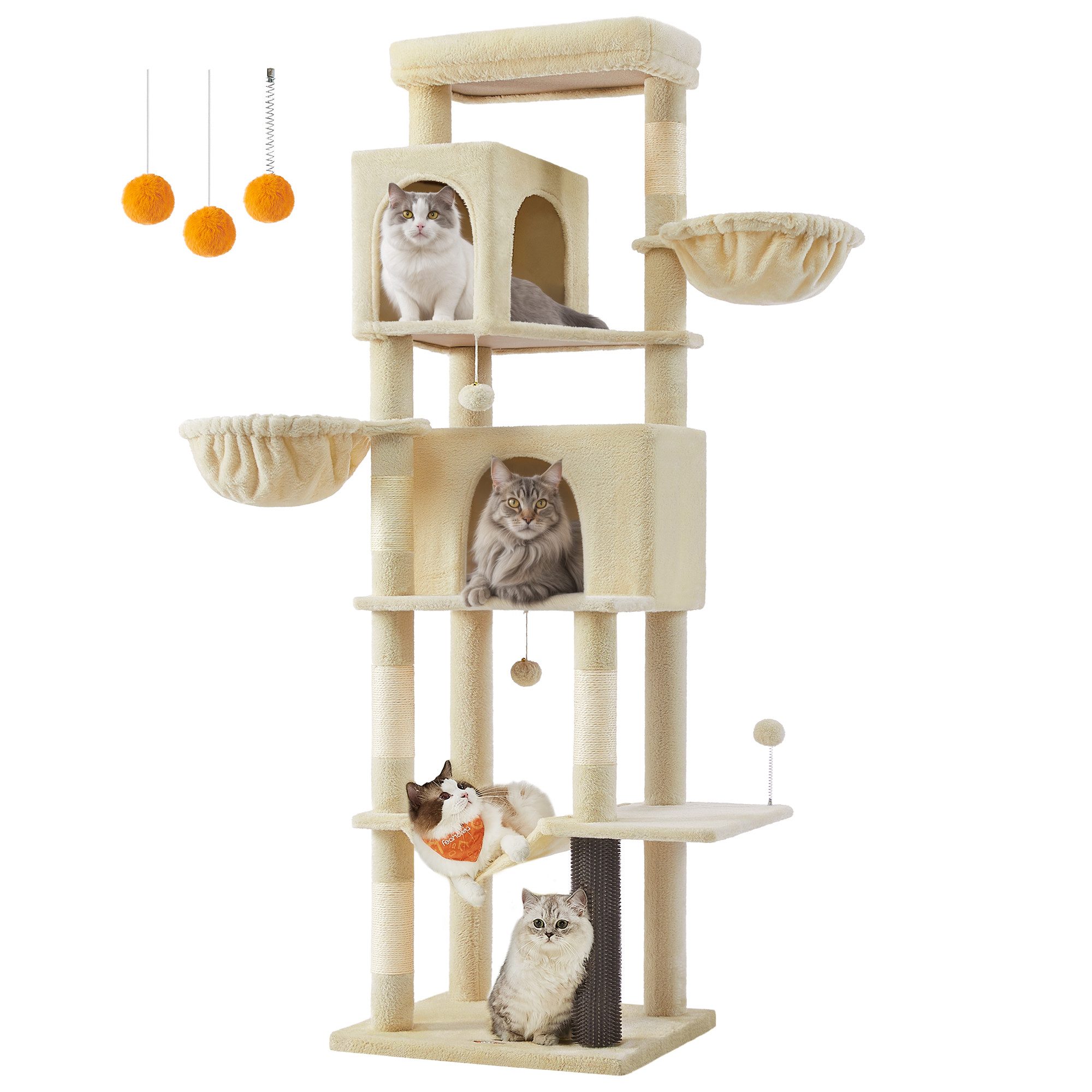 FEANDREA Kratzbaum mehrstöckiger Katzenbaum mit 2 Höhlen, 2 Liegemulden, 5 Kratzsäulen, groß, 190 cm hoch, XXL, Katzenbürste, große Plattform