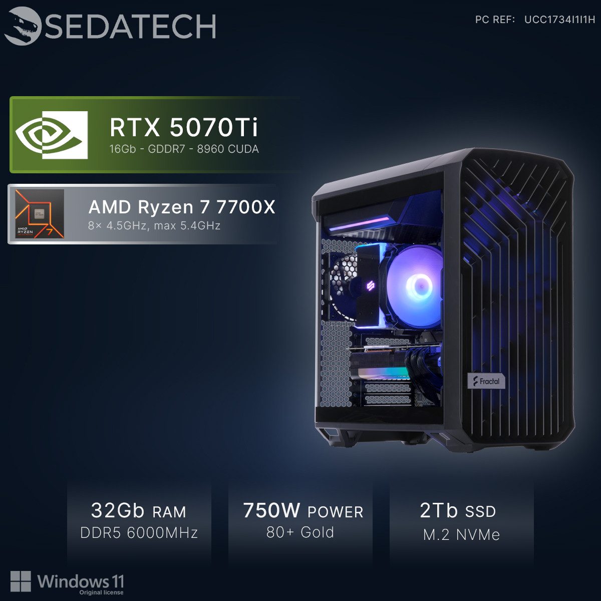 Sedatech UCC1734I1I1HF - Workstation Business-PC (AMD Ryzen 7 7700X 8x 4.5GHz (max 5.4GHz), Geforce RTX5070Ti 16GB, 32 GB RAM, 2000 GB SSD, Wlan 7)