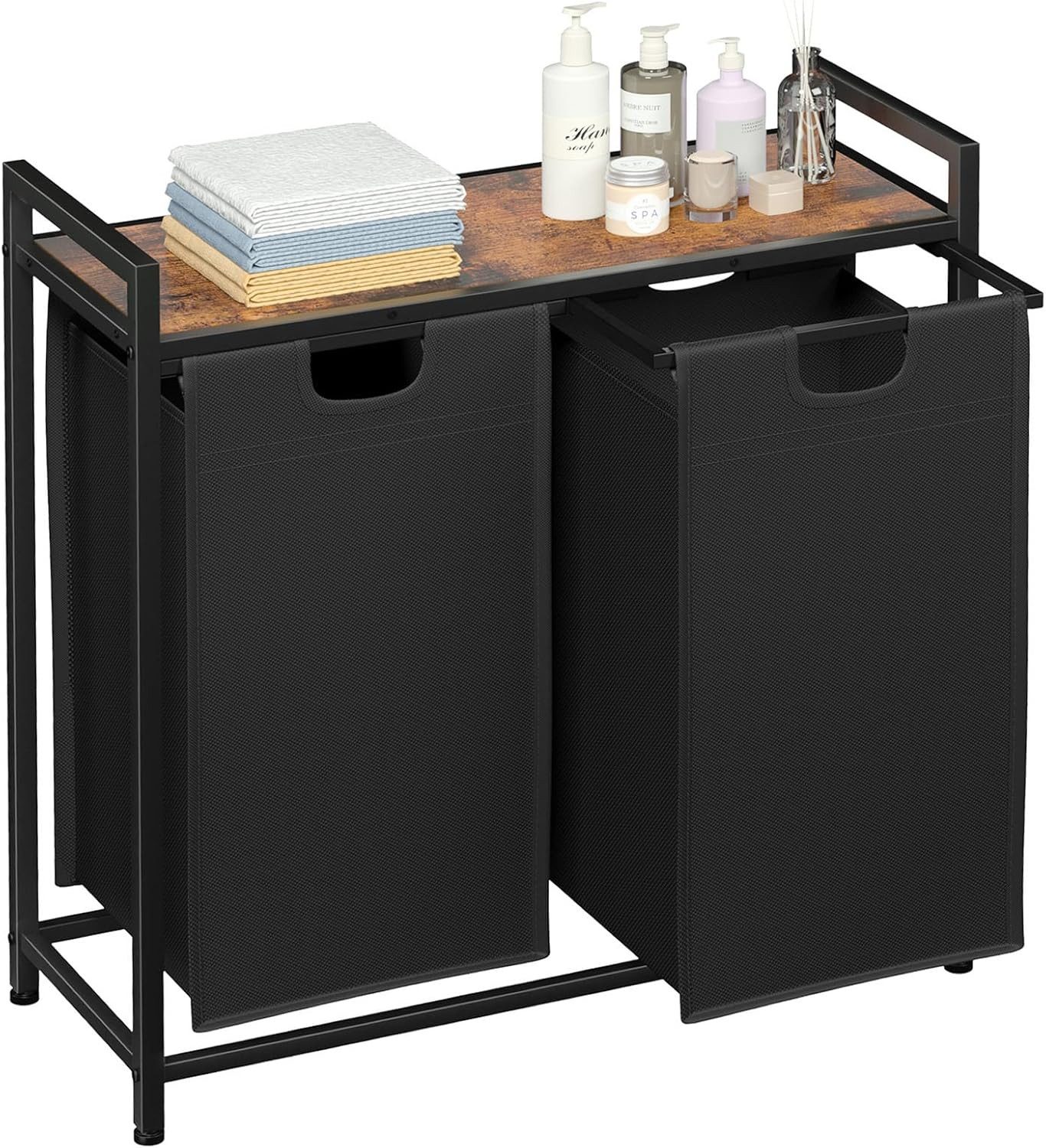 BlingBin Wäschekorb Wäschebox 2 Fächer,Wäschesammler mit Ablage (1 Set, 1 St., 40L x 2, Stahlrahmen und obere Ablage,Schwarz), Wäschesack aus Oxford-Gewebe ausziehbar abnehmbar