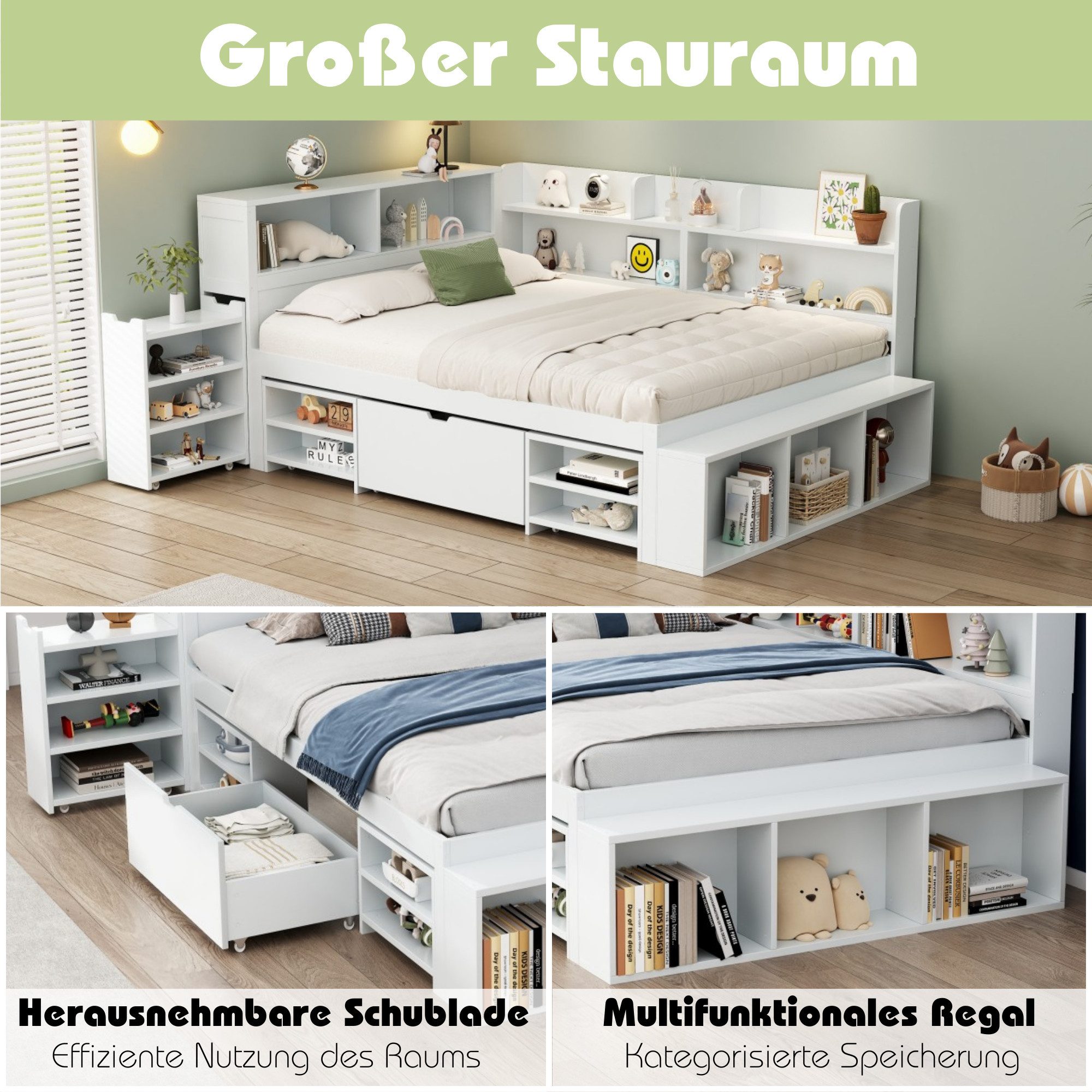 i@home Stauraumbett Stauraumbett 90/140x200 cm mit Regal & Schubladen, Multifunktion weiß (4-tlg), Multifunktionales Bett mit Regal und Stauraum – Bild 3 von 5