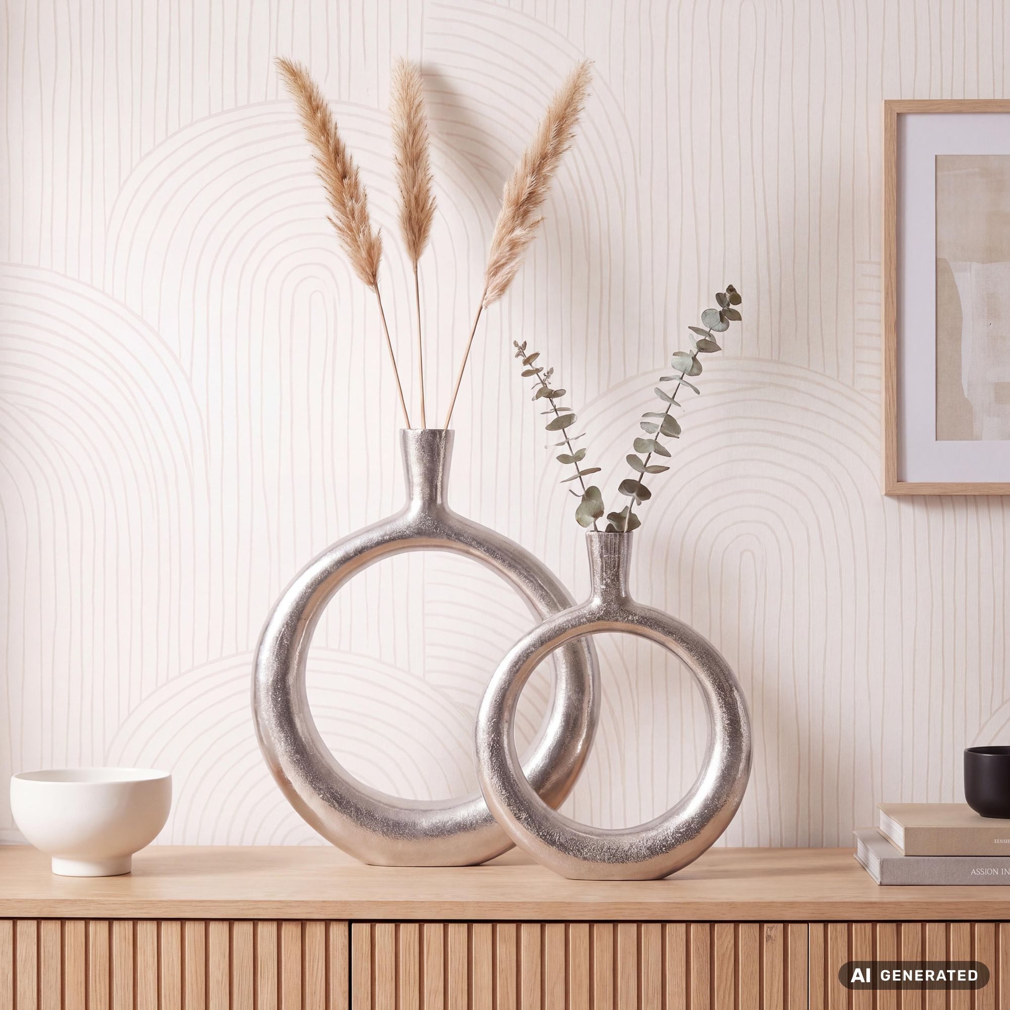 FINEBUY Tischvase FB65092 Vase 2er Set Blumenvase Aluminium Donut Modern Rund Wohndeko (Donut-Form, Vase 2er Set Aluminium Silber Modern), Blumenvase 2-teilig, Tischvase Wohndeko Tischdeko
