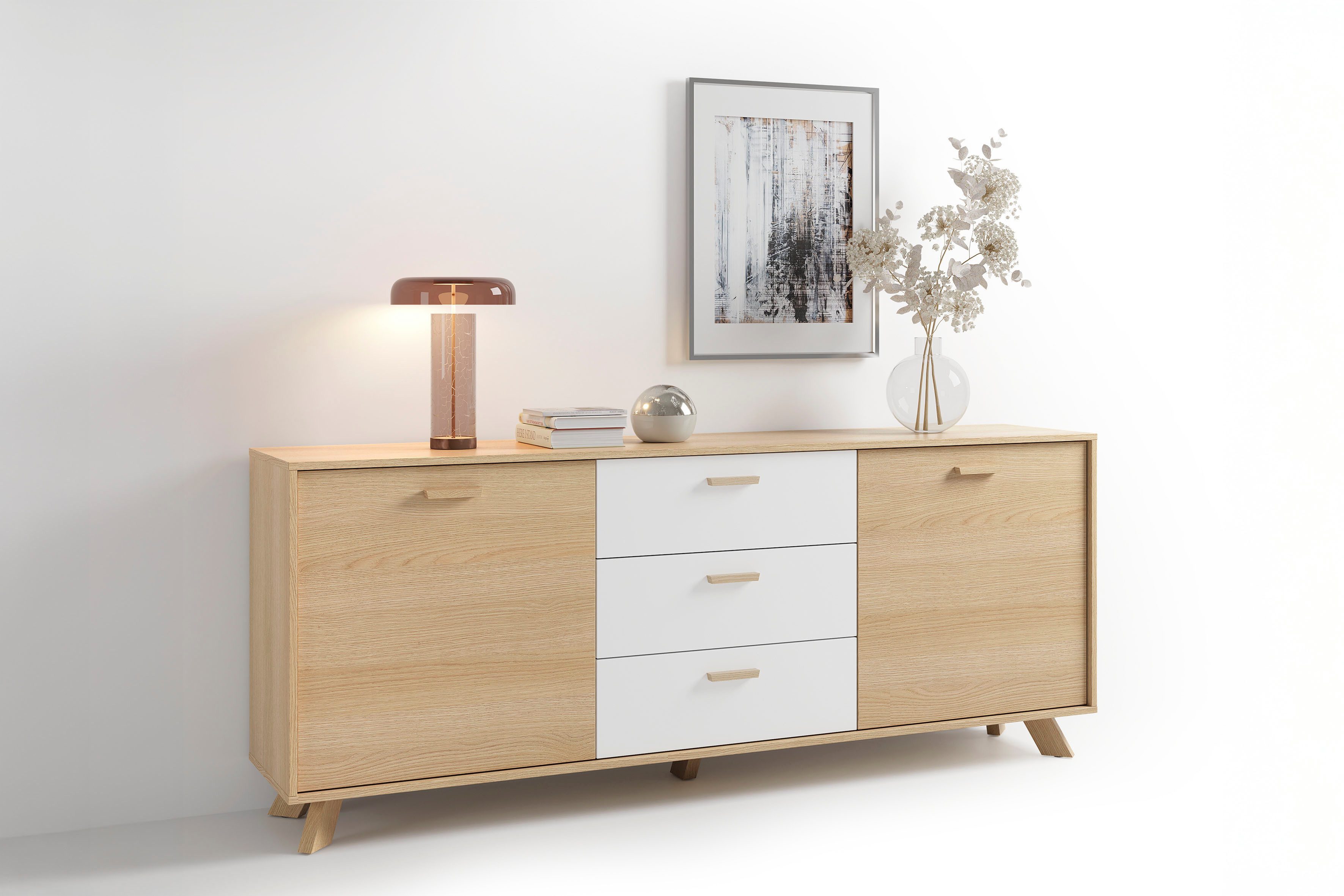 byLIVING Sideboard Bastian (1 St), mit massiven Holzfüßen und Griffen, natürlicher Eichenlook, 180cm