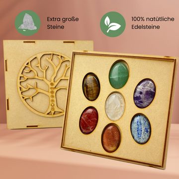 Lasernauten Edelstein Chakra XXL Edelstein-Set mit den 7 wichtigsten Steinen 3x4cm Holzbox, (Set mit 7 XXL Chakra-Steinen in einer Holzbox), Amethyst, Quarz, Lapis Lazuli, Jade, Tiger Eye, Peach Stone,Red Jasper