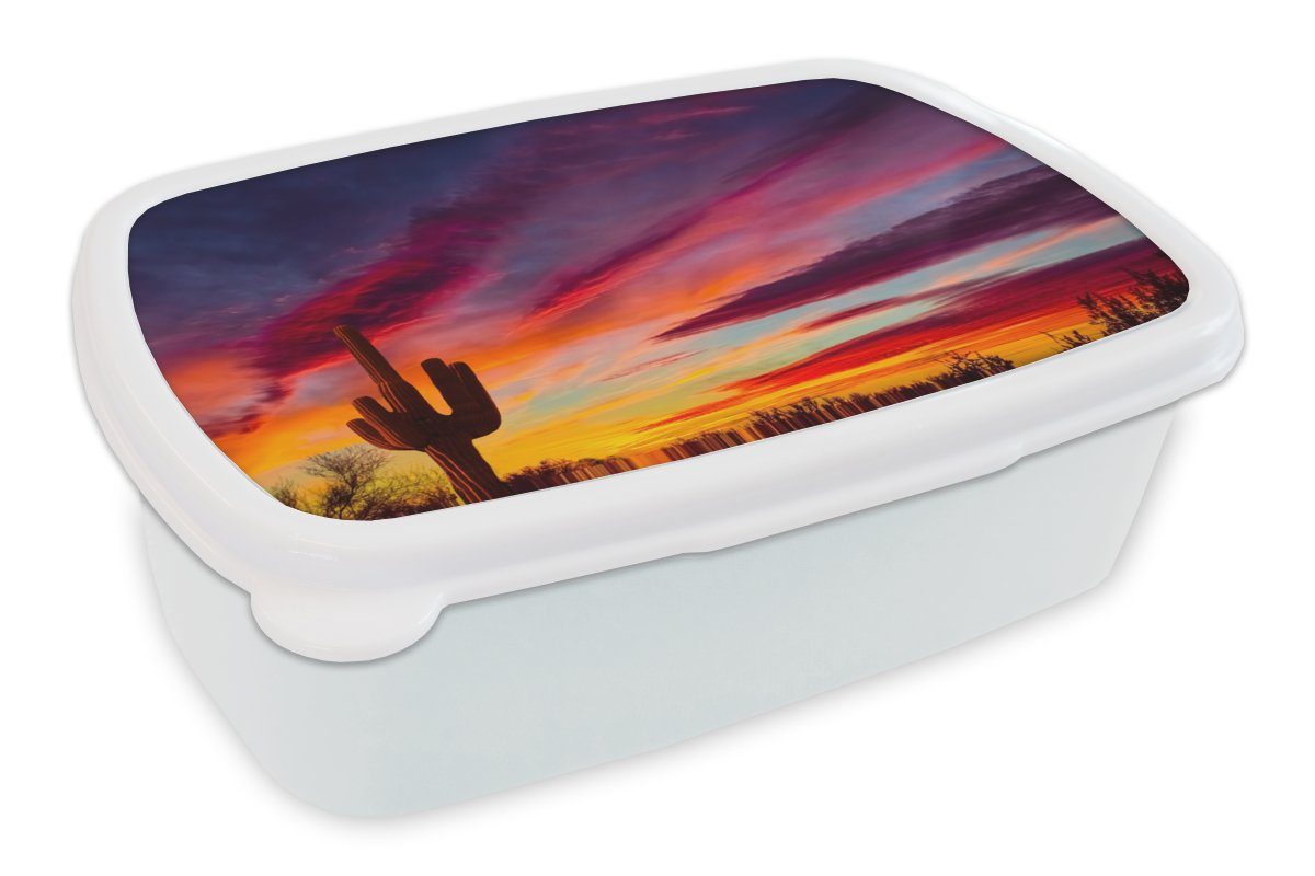 MuchoWow Lunchbox Kaktus - Himmel - Sonnenuntergang - Lila - Rosa, Kunststoff, (2-tlg), Brotbox für Kinder und Erwachsene, Brotdose, für Jungs und Mädchen weiß