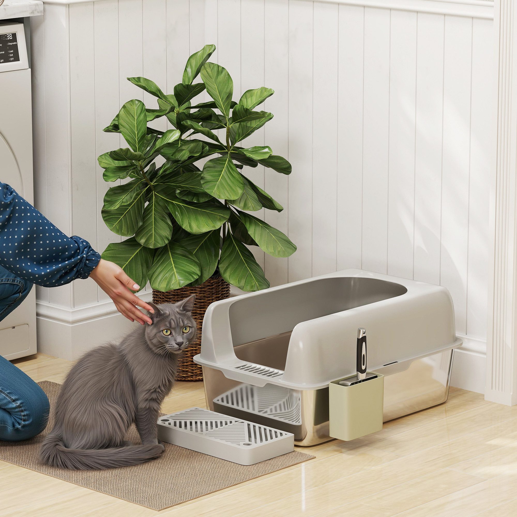 PawHut Katzentoilette Edelstahl Offene katzenklo ohne Deckel XXL mit Schaufel, für Katze unter 4,5 kg, Indoor, Hellgrau