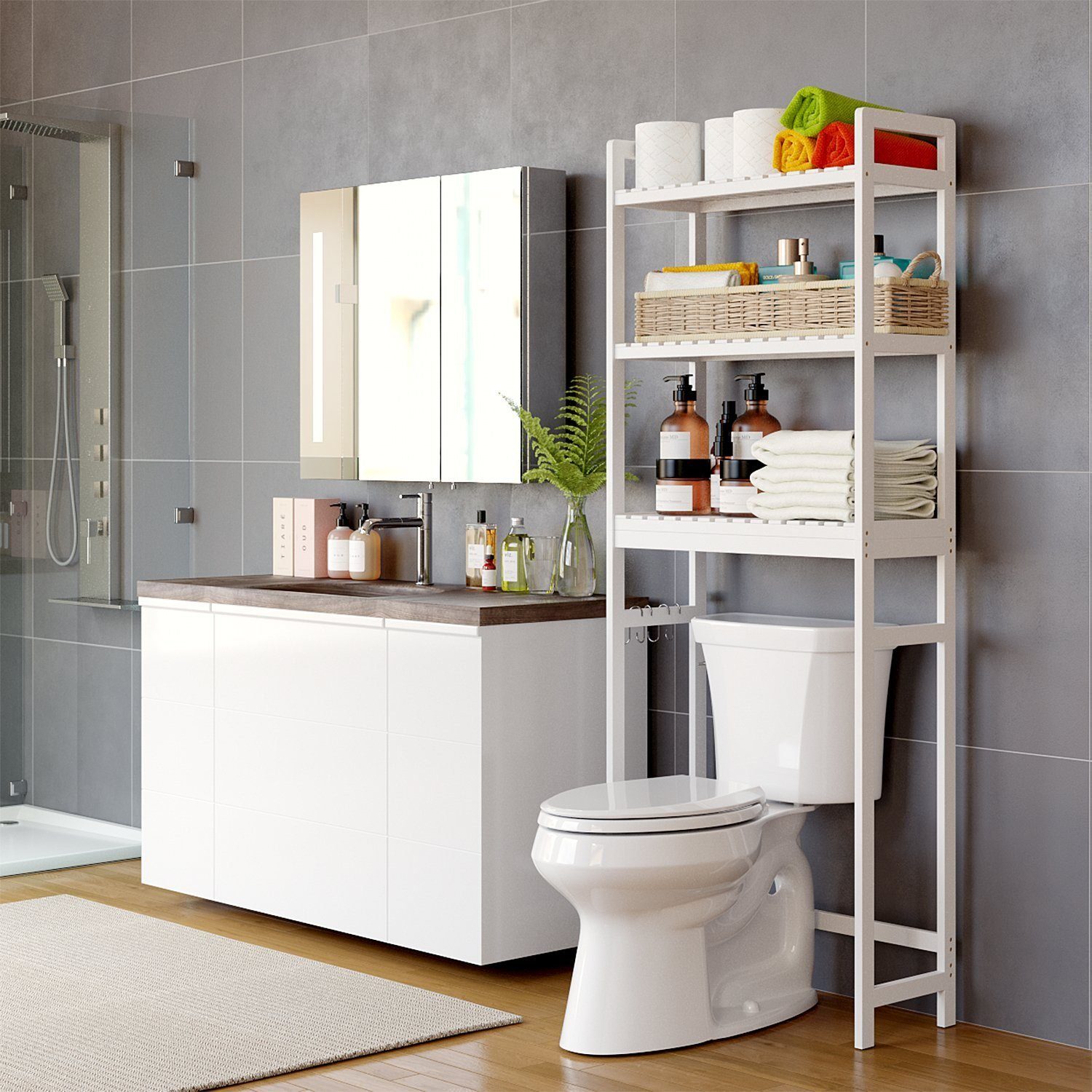 Homfa Badregal, Bambus 63x26,5x163cm Badezimmerregal Toilettenregal