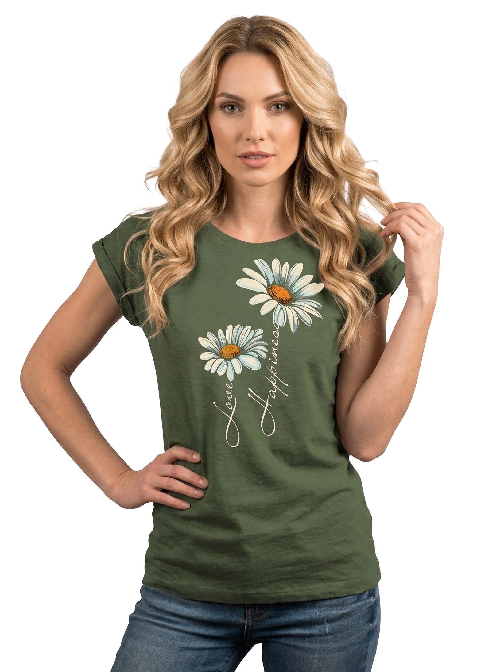 MAKAYA Print-Shirt Damen Kurzarm Top Blumen Gänseblümchen floral Blumenmuster Blümchenprint