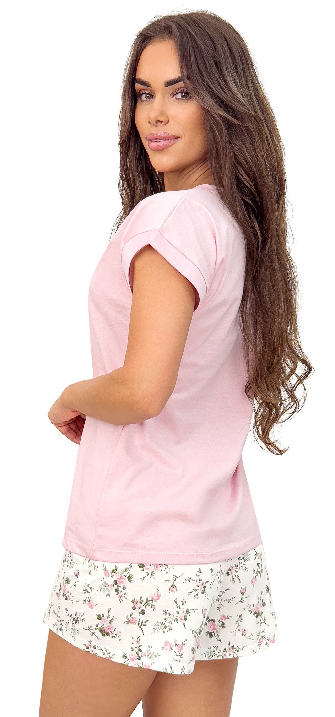 Donna Shorty Emilia (Set, 2 tlg., 2-teilig) Damen Pyjama 2-teilig Shorty Schlafanzug V-Ausschnitt Baumwolle
