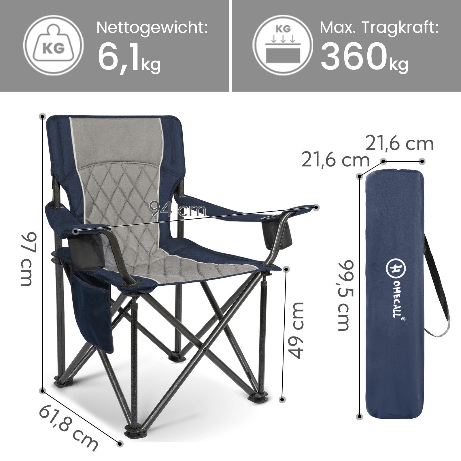 HOMECALL Campingstuhl Übergroßer Klappstuhl mit hoher Rückenlehne, XXL Faltstuhl Gepolstert (Bis 360KG Belastbar, 1 St), Robust und Zuverlässig klappstuhl für Outdoor, Balkon, Garten